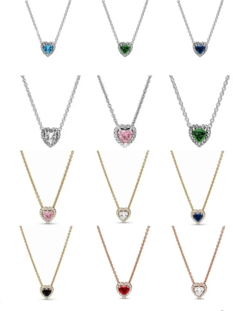 New 925 Sterling Silver Red Pink Green Heart-Shaped Necklace | Elegant Women’s Charm Jewelry for Valentine’s & Mother’s Day