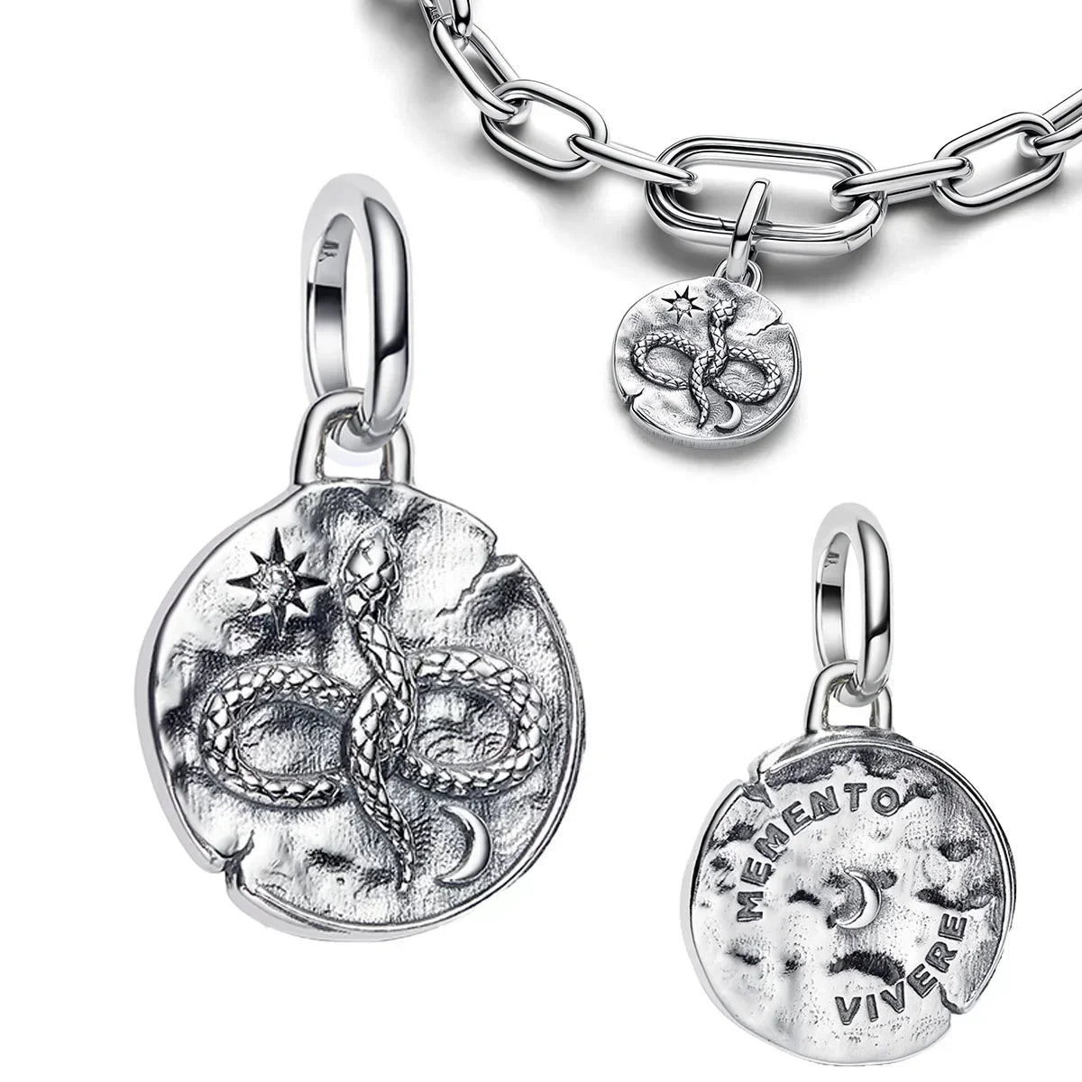 925 Sterling Silver Golden Round Necklace & Bow Earrings Set | Stars, Moon & Heart Charms Beads Women Jewelry Gift