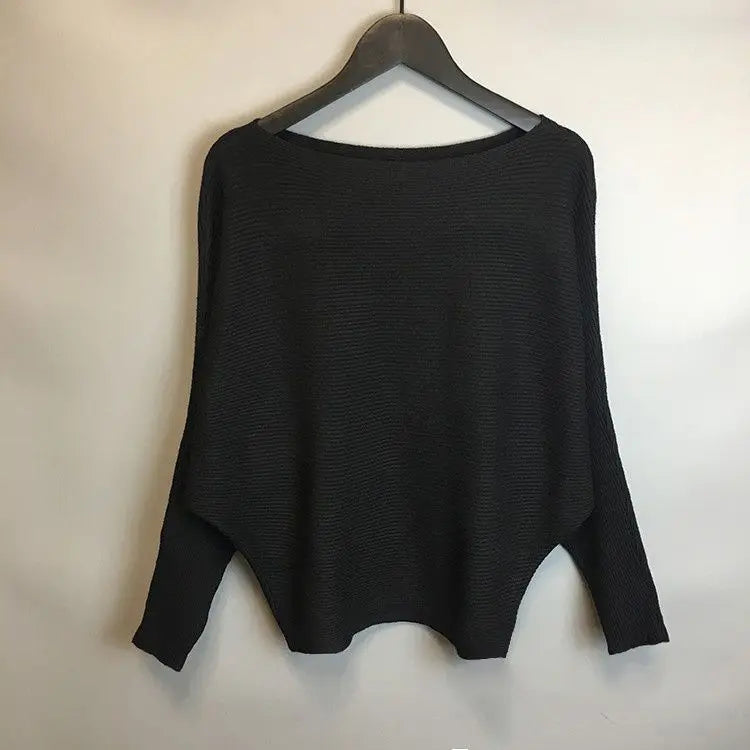New Women’s One-Line Neck Bat Sleeve Knitted Sweater | Loose Simple OL Style Long Sleeve Solid Pullover
