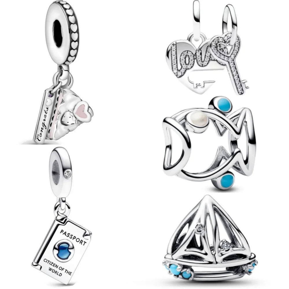 Hot Selling 925 Sterling Silver Blue Heart-Shaped Bead with Feather Pendant | Fit European Original Bracelet DIY Exquisite Jewelry