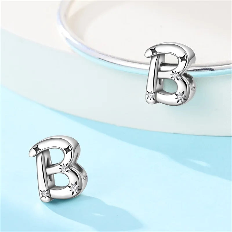 Classic 925 Sterling Silver A–Z Alphabet Charms | Letter Beads with Stars Fit Original Bracelet DIY Jewelry for Women