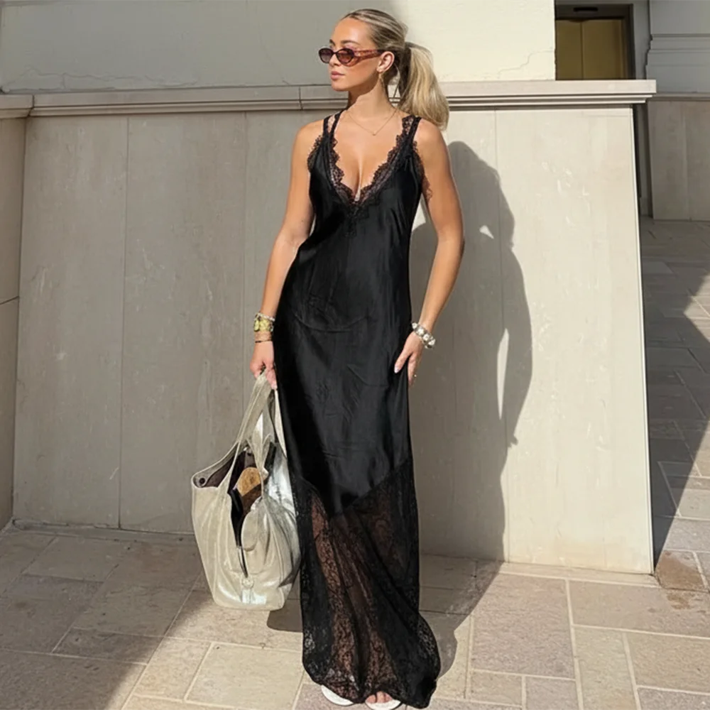 Tuularose Fashion V-Neck Lace Dress – Summer Women’s Backless See-Through Patchwork Party & Evening Dress