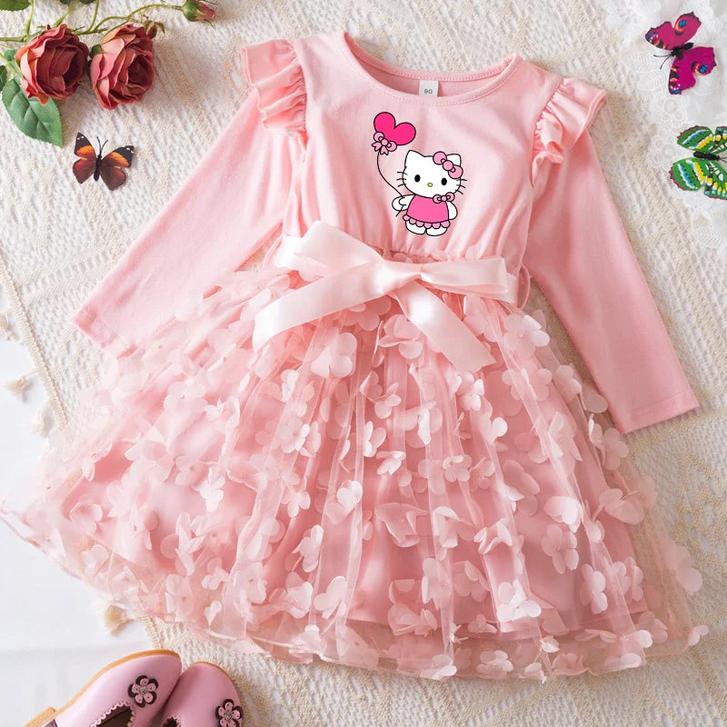 Hello Kitty Fall Girl Dress 3D Butterfly Casual Dresses Kids Birthday Princess Dress Long Sleeve Baby Girls Clothes 2-6Y