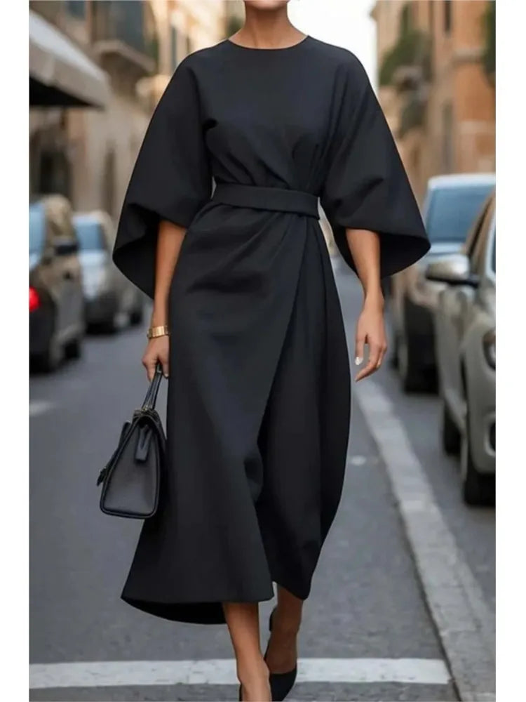 Elegant Long Sleeve Black Maxi Dress for Women | 2025 Loose O-Neck Casual Fashion Long Dress