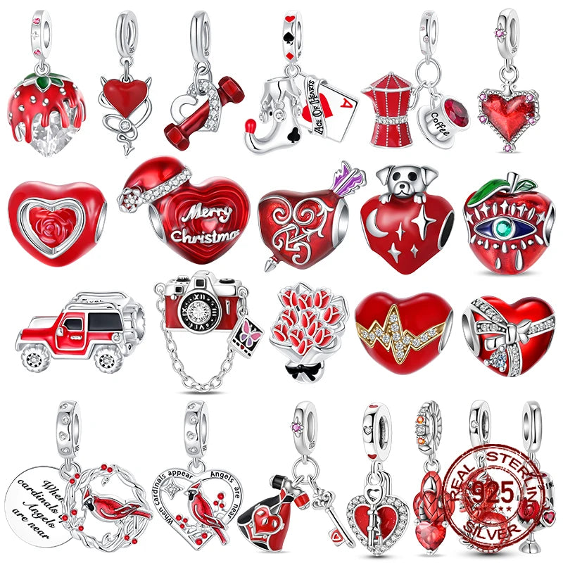 925 Sterling Silver Red Series Charms | Heart, Car & Strawberry Dangle Beads for Original Bracelet DIY Jewelry