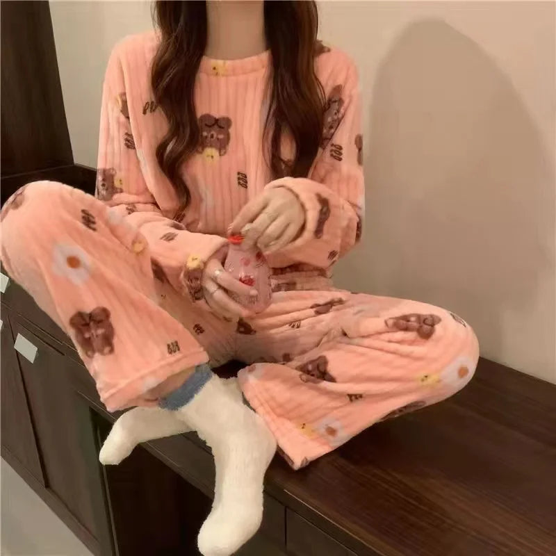 Adorable Sweet Coral Fleece Thiened Autumn Winter Loungewear Set – Women’s Casual Home Clothes | Long Pants Comfortable Leisurewear