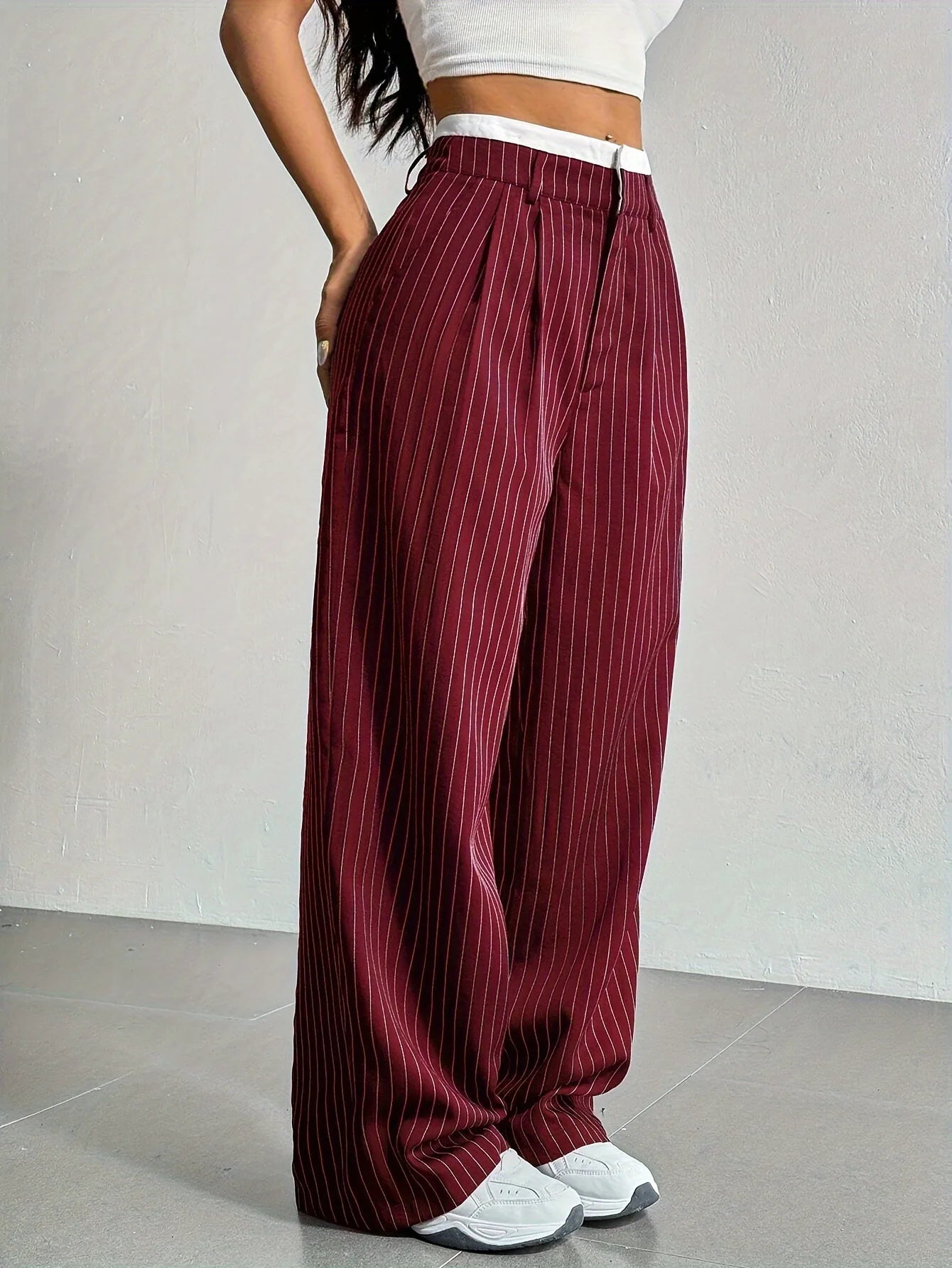 Women’s High Waist Straight Leg Pinstripe Trousers | Office & Casual Striped Dress Pants with Pockets