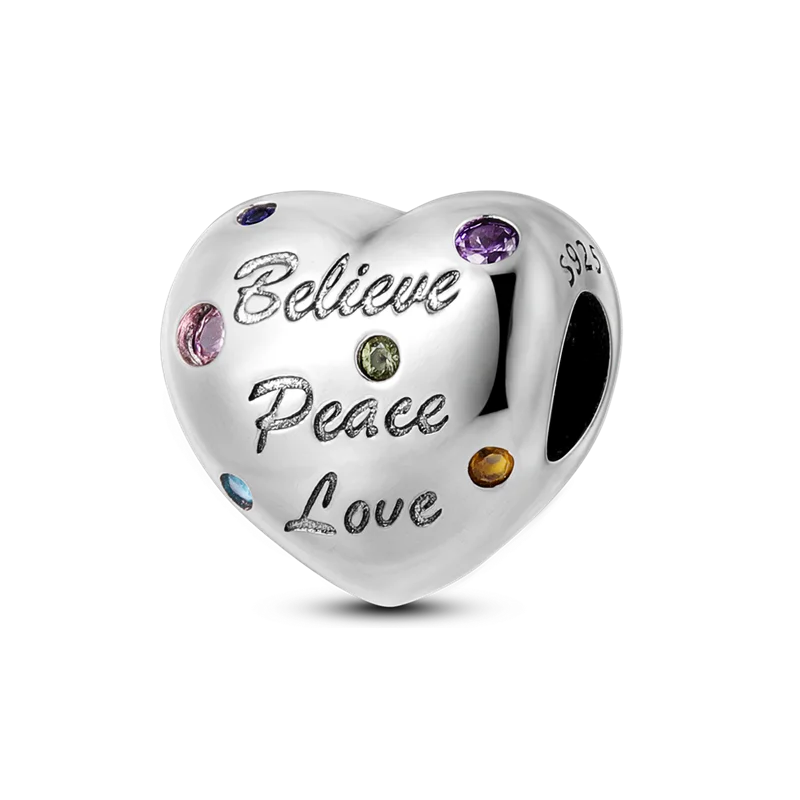 925 Sterling Silver Heart Shaped Warm Family Charm Beads Butterfly Flower Pendant