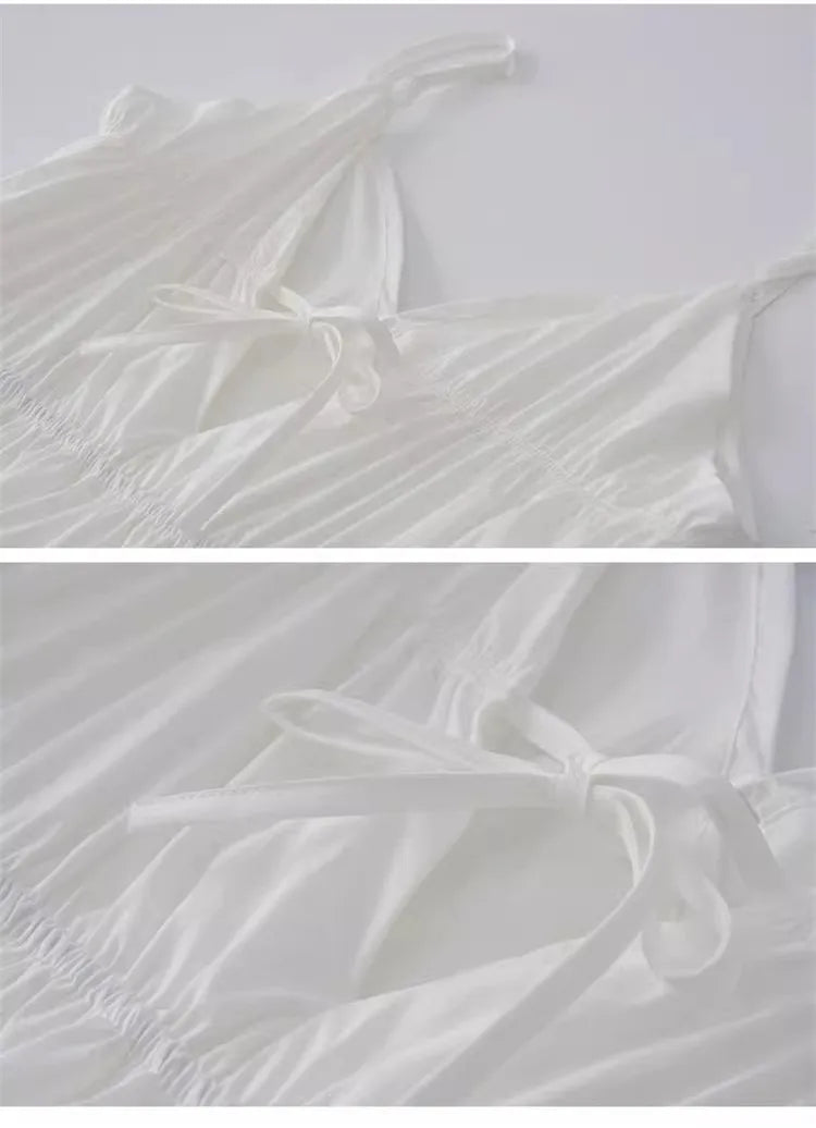 Women’s White V-Neck Backless Strap Dress – Summer Fairy Beach Vacation Long Skirt, Elegant Loose Waist Gown