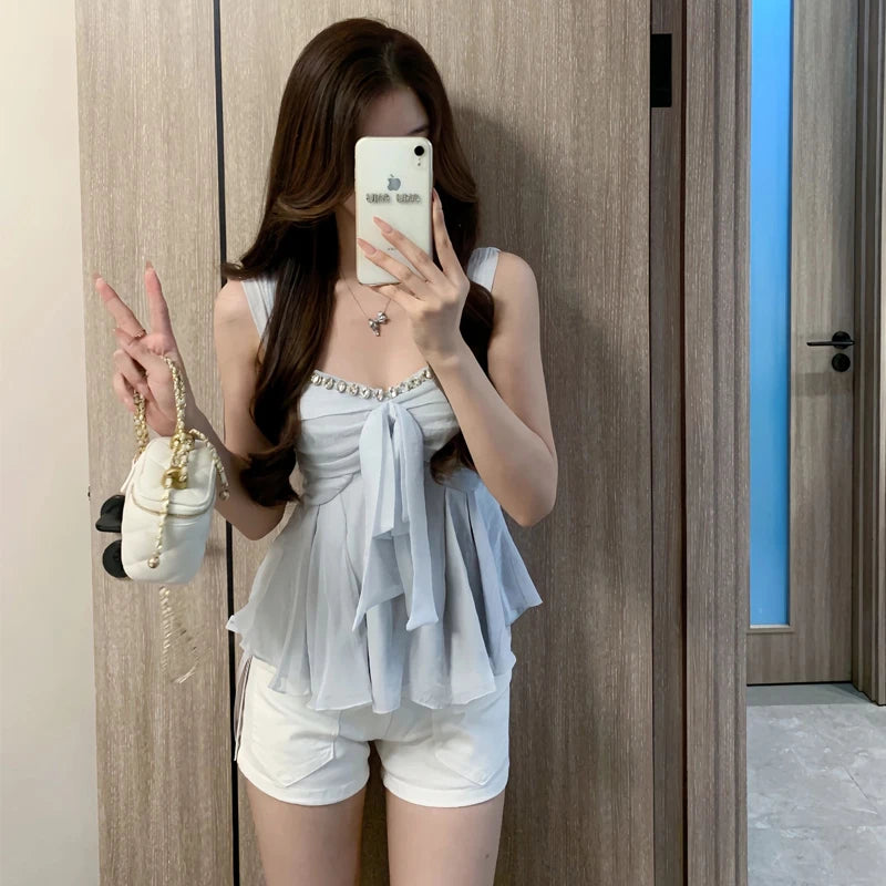 Pure Desire Knot Strap Diamond Vest – Women’s Summer Outdoor Waist Cinching Sleeveless Top Blue