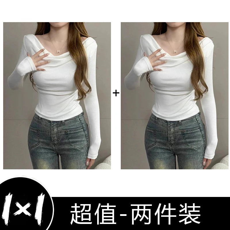 Spicy Girl One-Shoulder Long Sleeve T-Shirt for Women – Slim Fit Knitted Cotton Inner & Outer Wear Top | INS Youth Commute Style
