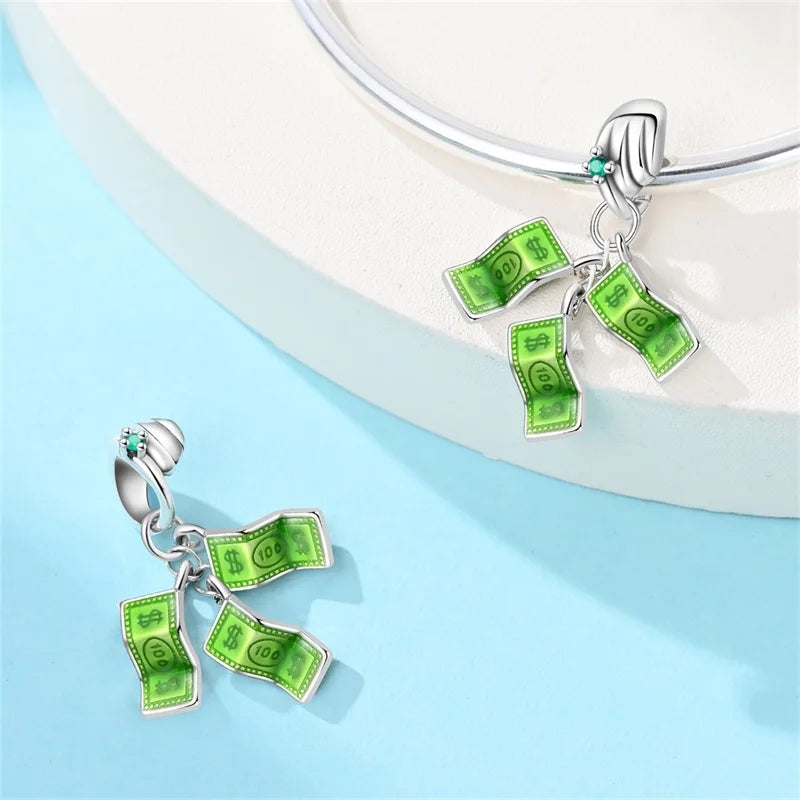 925 Sterling Silver Dollar Money Bag Charms | Wealth Freedom Rich Pendant Beads Fit Original Bracelet DIY Jewelry