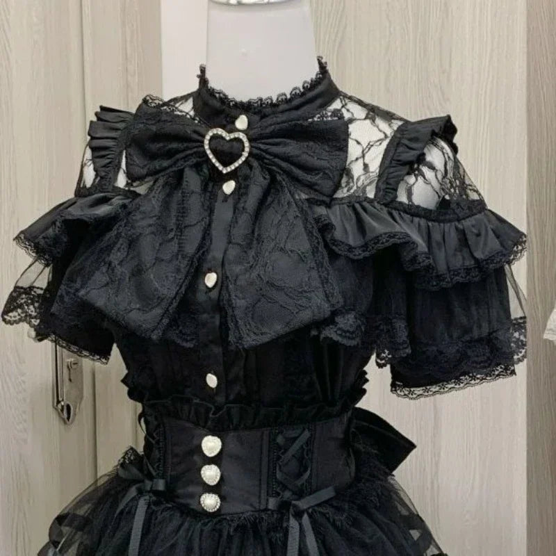 2025 Japanese Kawaii Lolita Lace Blouse | Harajuku Sweet JK Bow Top | Autumn Lightweight Patchwork Shirt for Women