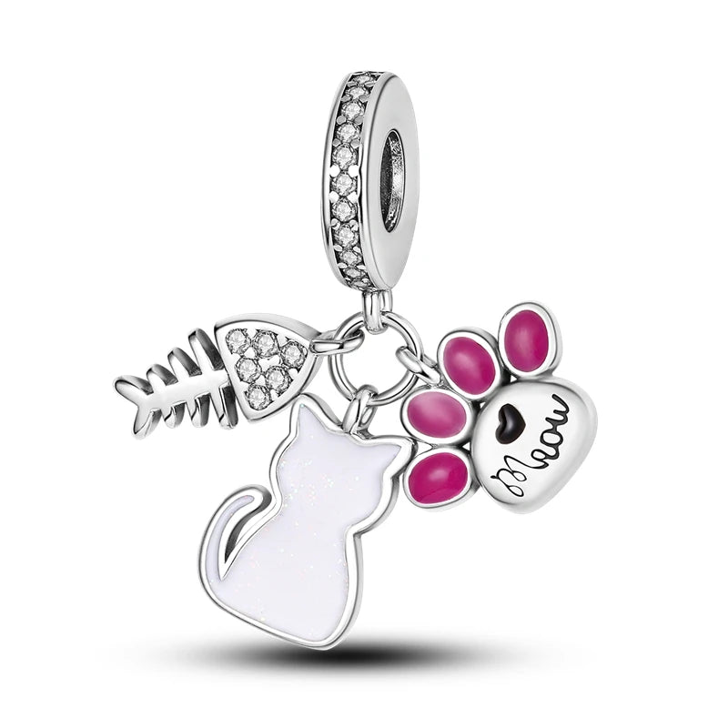 925 Sterling Silver Cute Cat Charm Beads | Paw Print Pendant for Original DIY Bracelets & Women’s Jewelry Gift