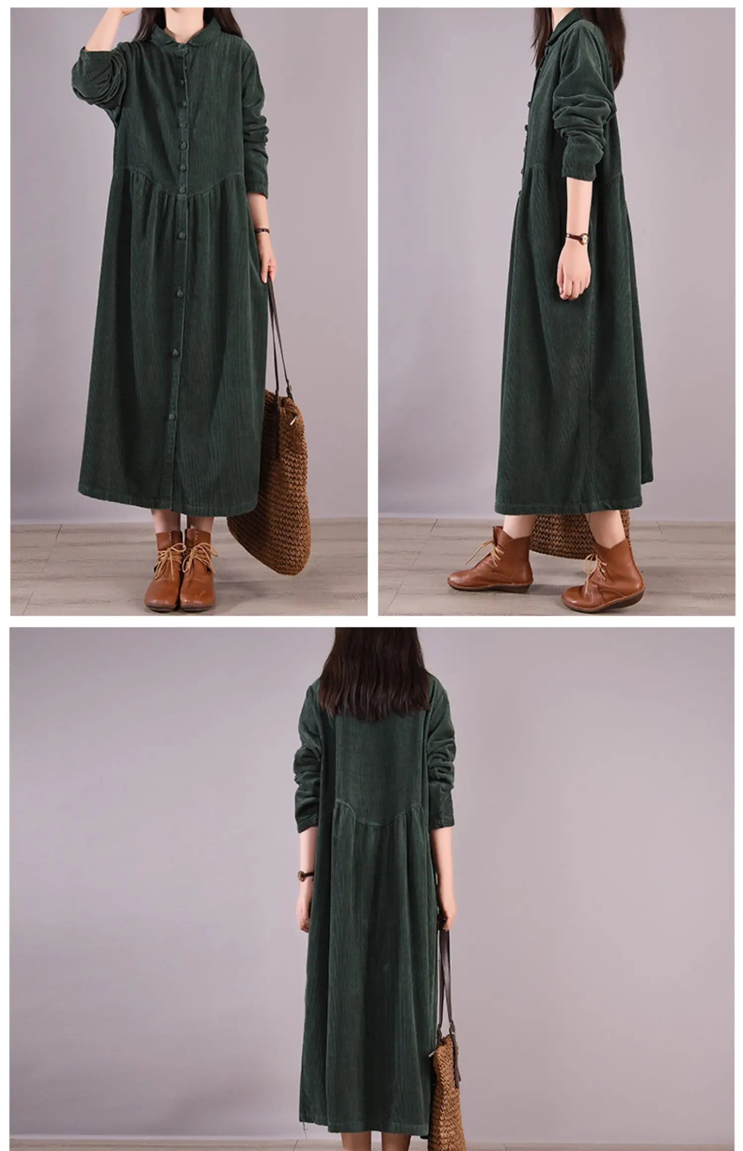Retro Japanese Style Long Sleeve Corduroy Dress – Thick Fleece-Lined A-Line Winter Dress for Women | Solid Color