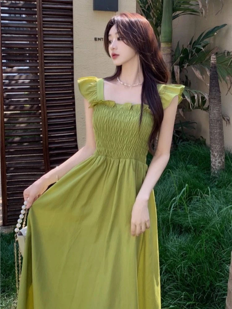 ☀️ Summer 2025 Elegant Hepburn-Style Tea Break Midi Dress 👗 Gathered Waist, Short Sleeve, Square Collar Pleated A-Line Dress 🌸
