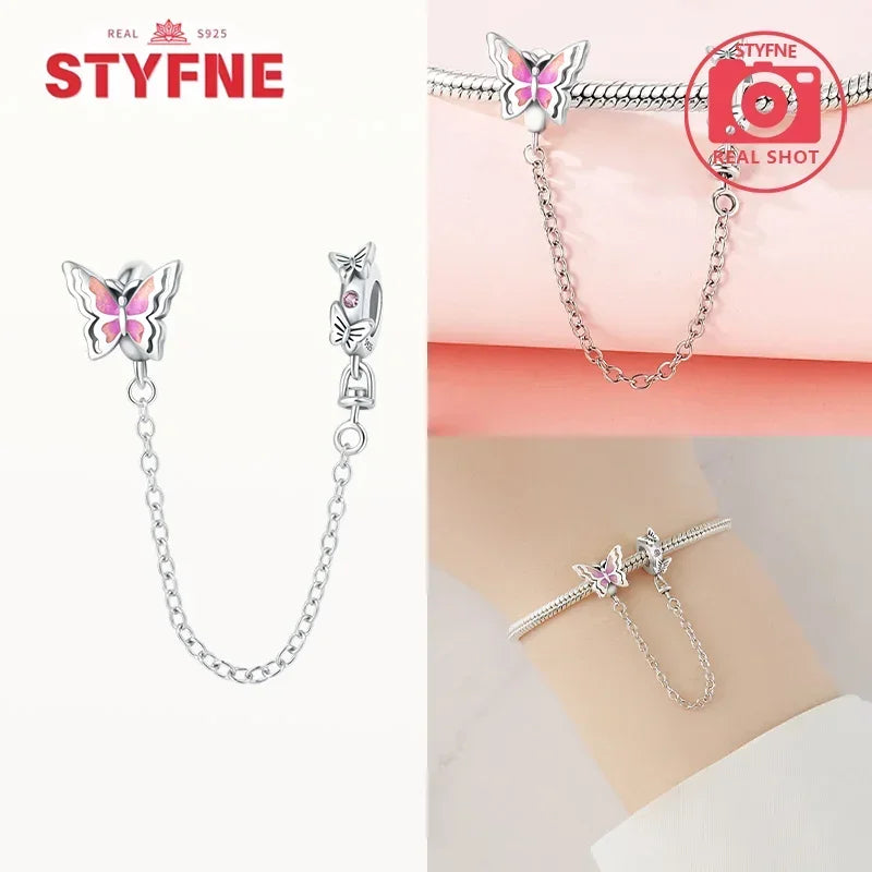 S925 Silver Cute Cat Heart Bead Safety Chain Fit Original Bracelet