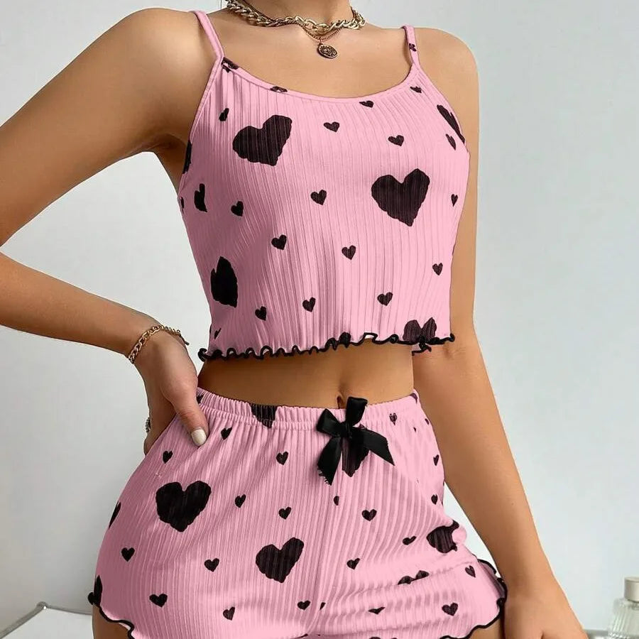 Women’s 2-Piece Pajamas Set – Short Tank Top & Shorts Sleepwear, Soft Casual Ventilated Loungewear with Love Print