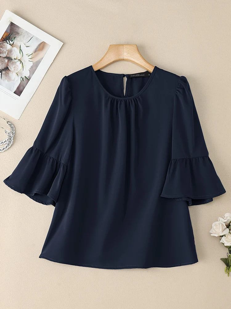 2025 ZANZEA Office Women Blouse – Elegant Solid O-Neck 3/4 Sleeve Summer Work Top 👚✨
