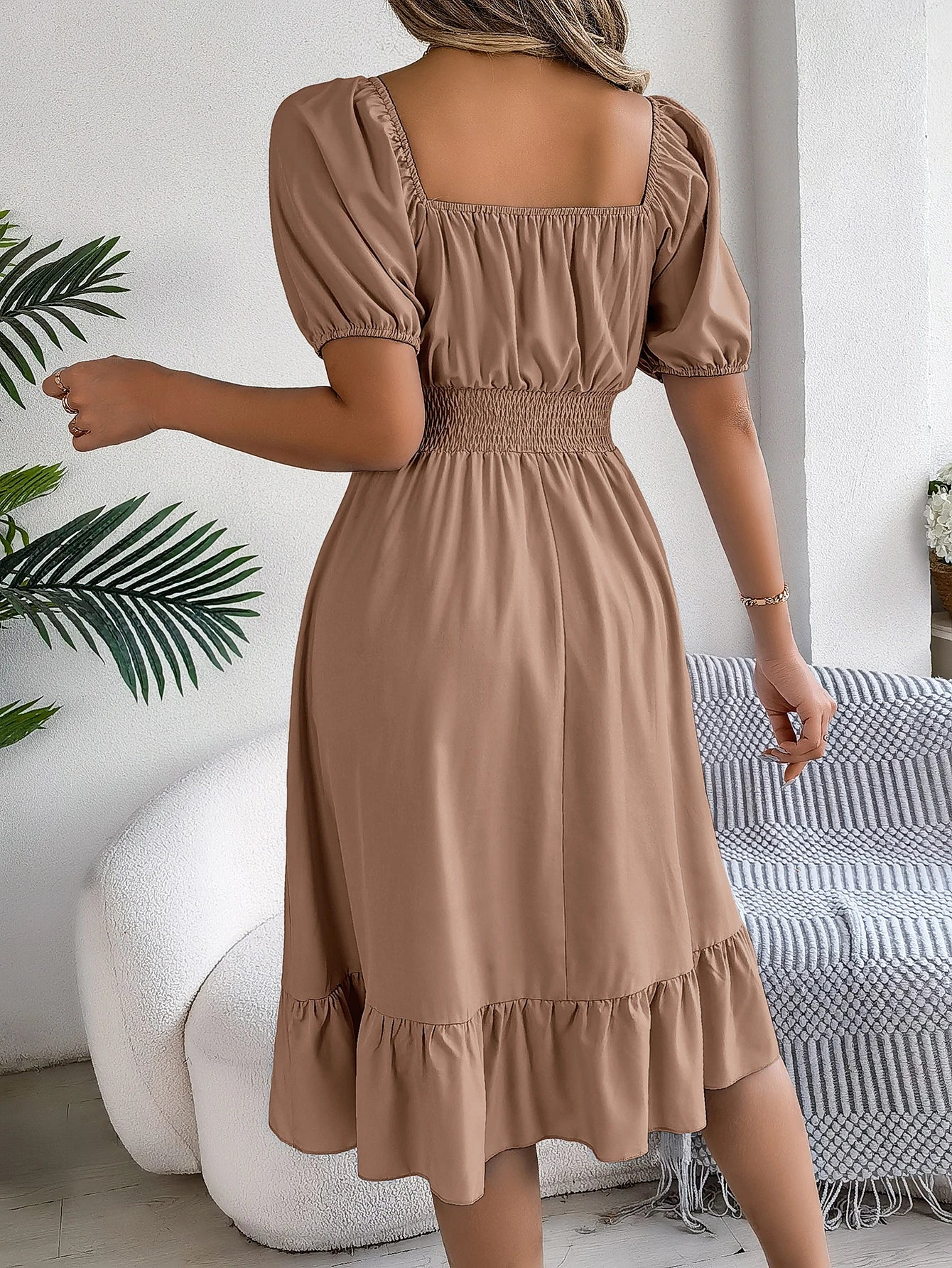 2026 Women’s Elegant High-Waisted Dress – Square Neck, Short Sleeve, Ruffled Edge Long Dress | Spring Summer Valentine’s Day