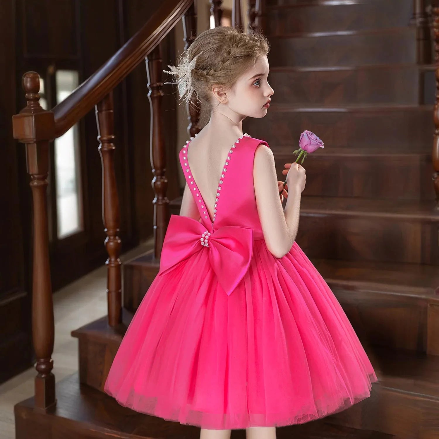 Hello Kitty Kids Pearls Elegant Princess Dress for Girls Backless Bow Baby 1st Birthday Baptism Tutu Gown Wedding Dress