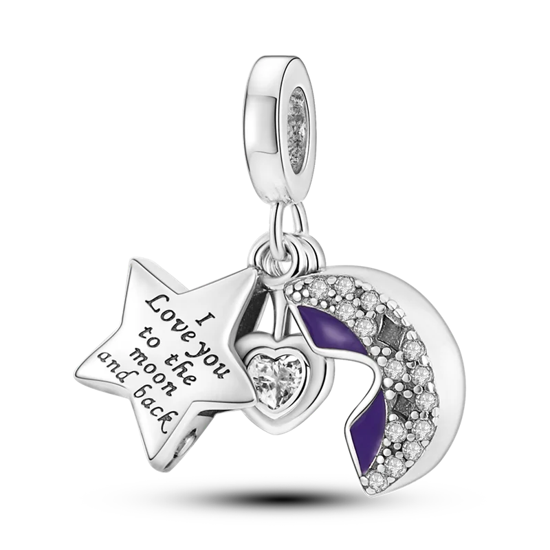 Silver Plated Colorful Glowing Moon & Stars Rainbow Dangle Charms | Fit Original Bracelet & Necklace | Women’s Jewelry Beads