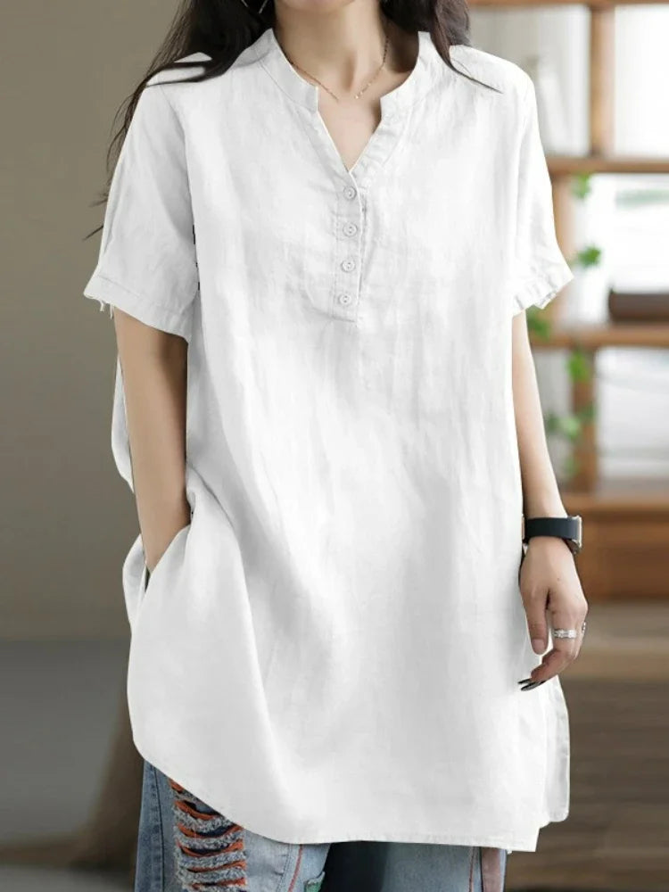 2024 Summer Cotton & Hemp Women’s Shirt – Casual Commuting Short Sleeve Half-Open Top 🌿👚