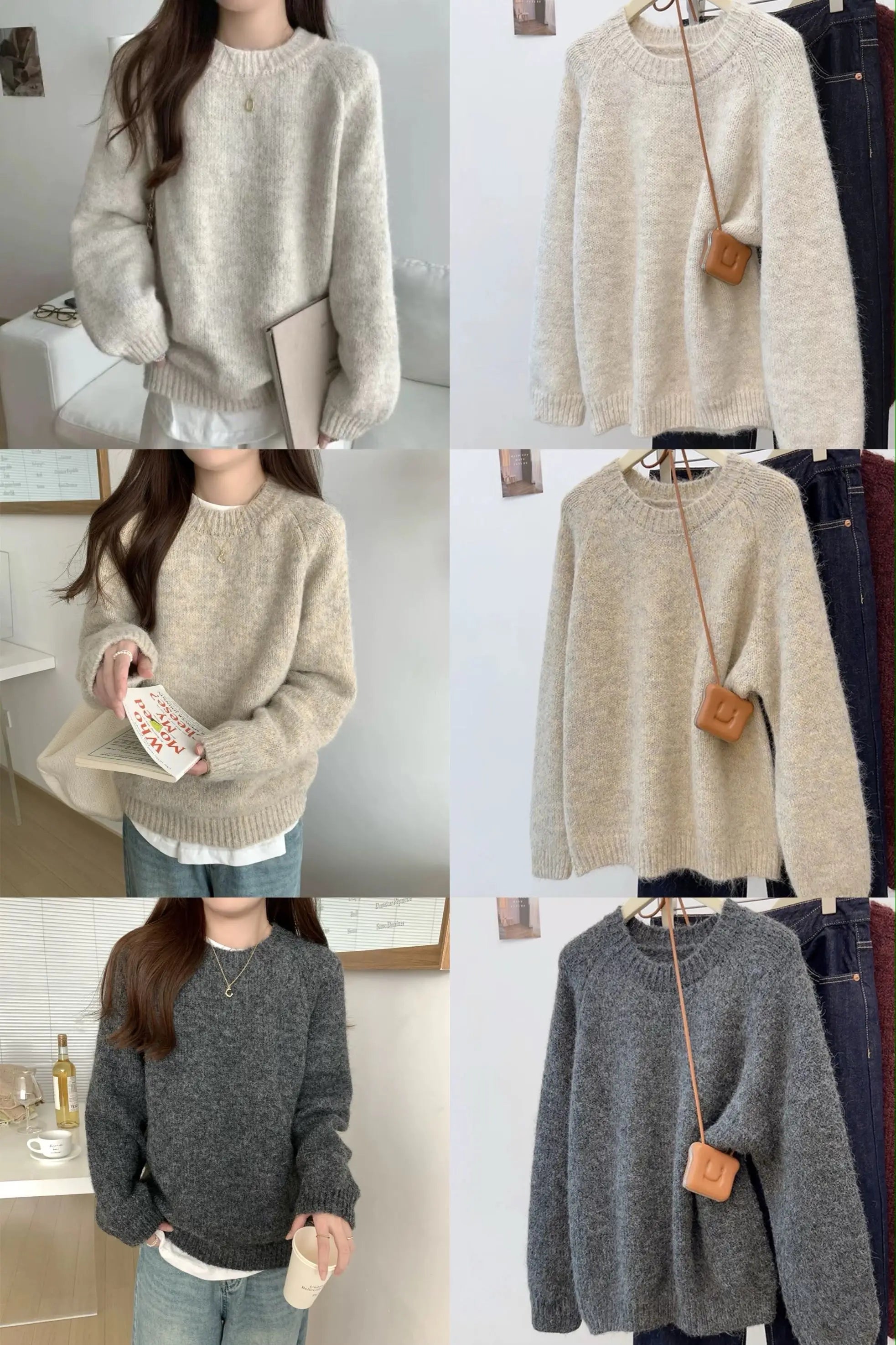 Women’s Round Neck Long Sleeve Knitted Sweater – Loose Fit Comfortable Autumn Winter Casual Inner Wear Top