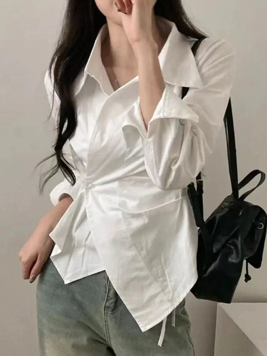 ✨ Slimming Effect White Asymmetrical Long Sleeve Top 👚 Waist-Cinching French Style Loose Fit 🌸 Women’s Premium Spring & Autumn Fashion