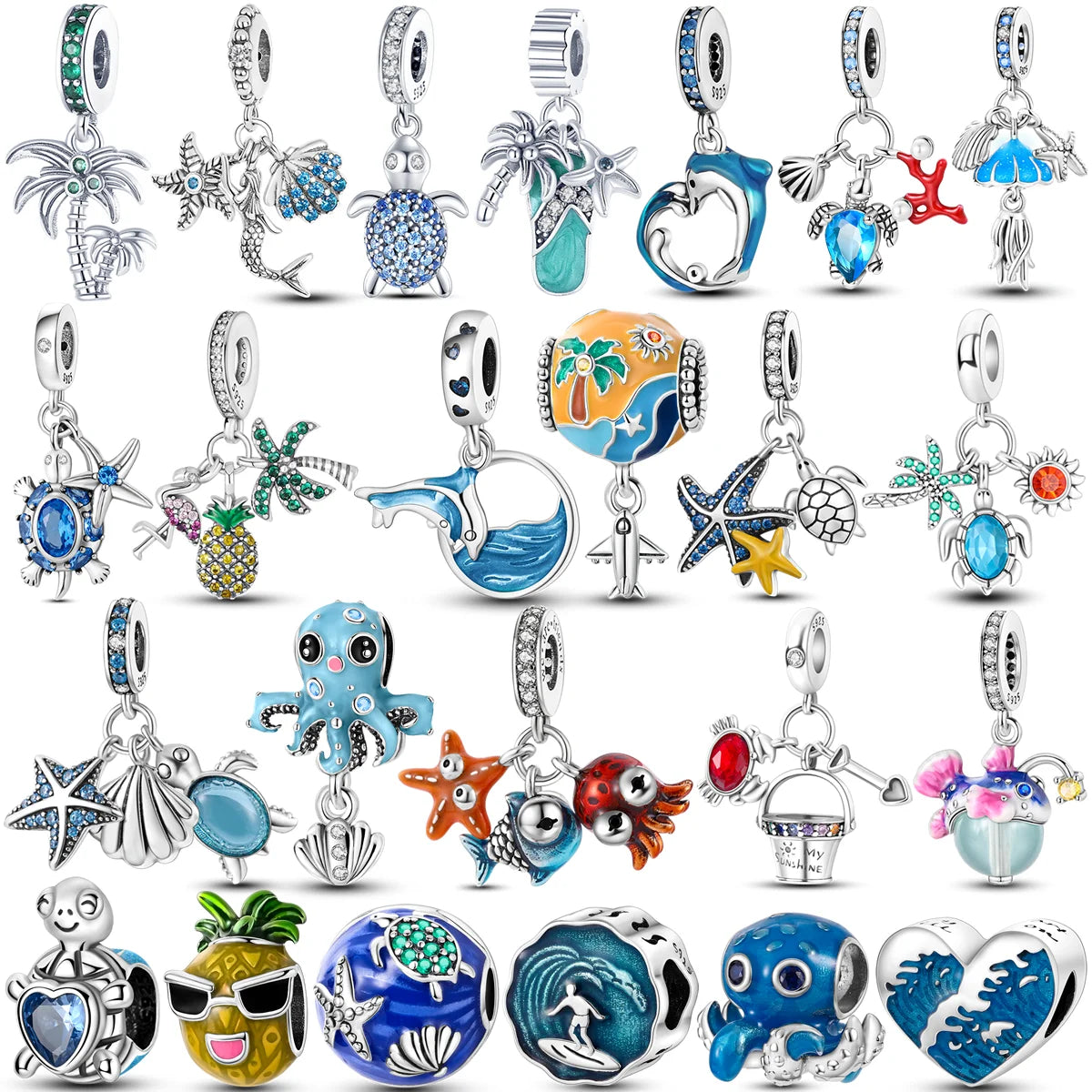 925 Sterling Silver Summer Ocean Collection Charms | Dangle Beads for Women Lover DIY Fine Jewelry Gift