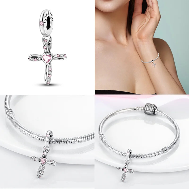 Hot Bible Cross Pink Zircon Charm – 925 Sterling Silver DIY Bracelet for Women