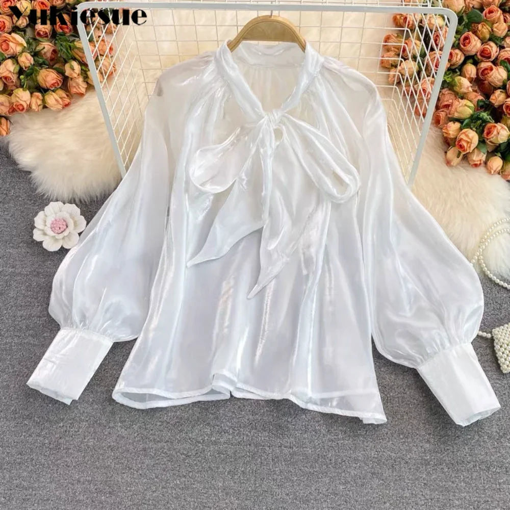Spring Autumn Korean Harajuku Women’s Top – Bowknot Lantern Sleeve Loose Solid Shirt 🌸👚✨