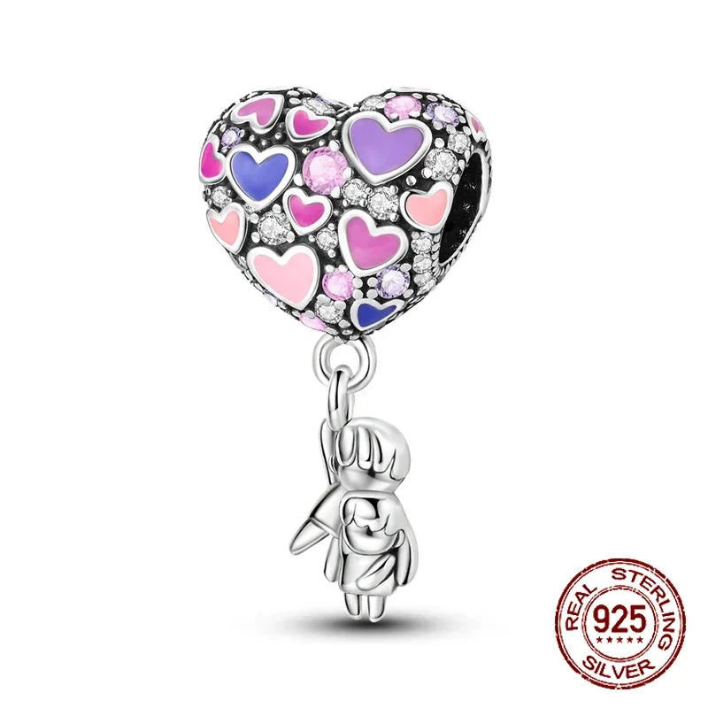 925 Sterling Silver Purple Flower & Butterfly Dangle Charm | Bead for 4MM Bracelet or Necklace DIY Jewelry Gift