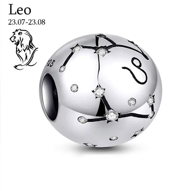 New 925 Sterling Silver Zodiac Constellation Beads | Round Pendant Charms for Women’s Bracelets & DIY Jewelry