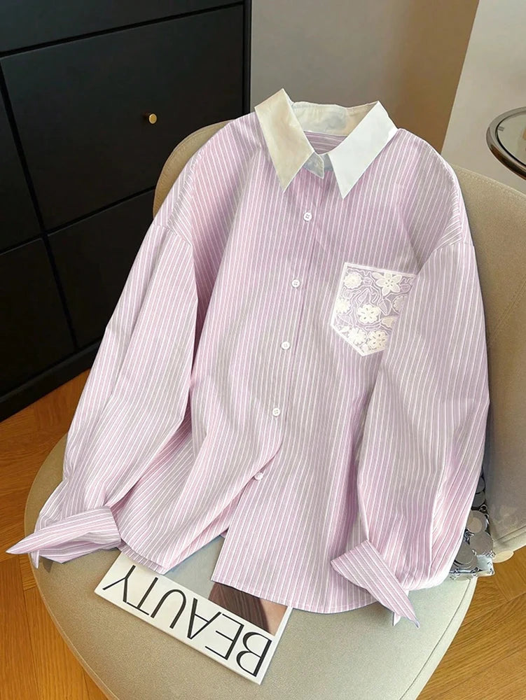 Women’s Striped Clash Collar Lace Pocket Shirt – Daily Casual Fashion Back to School Top 👚📚