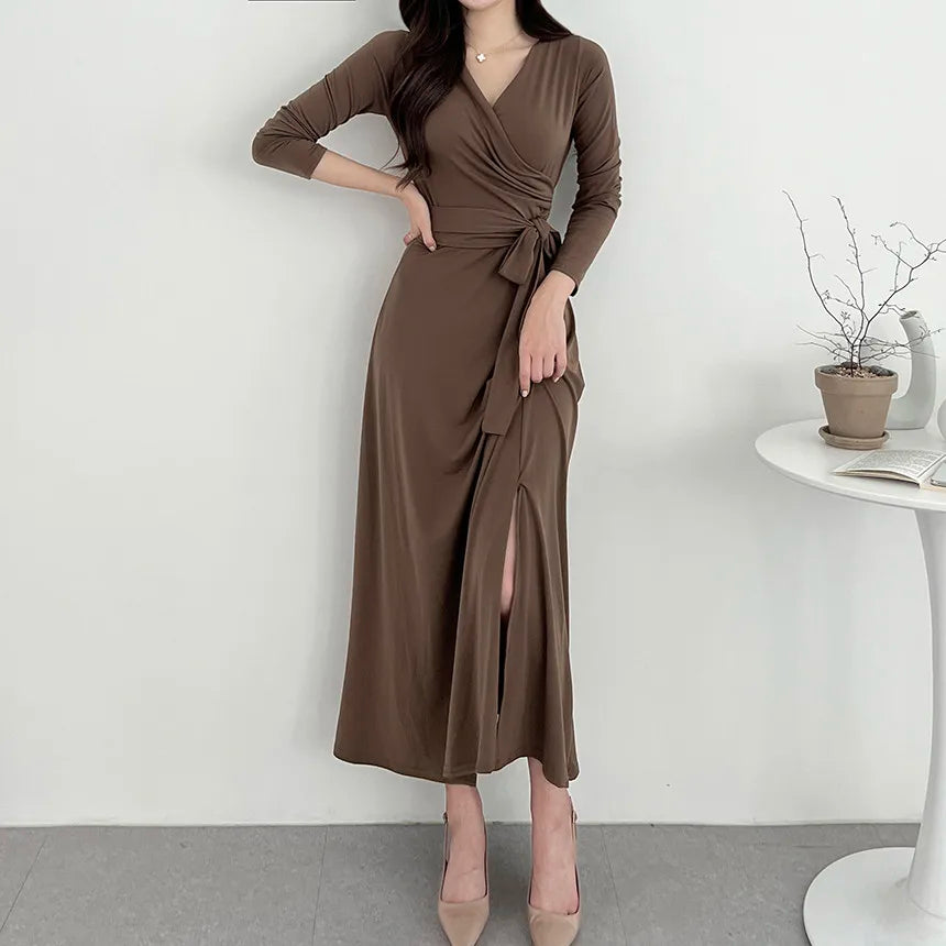 ✨ Slimming V-Neck Cross Wrap Long Dress 👗 Women's Base Layer Dress 🌸 Belted Waist Split Long Sleeve Colorful Commute Wear