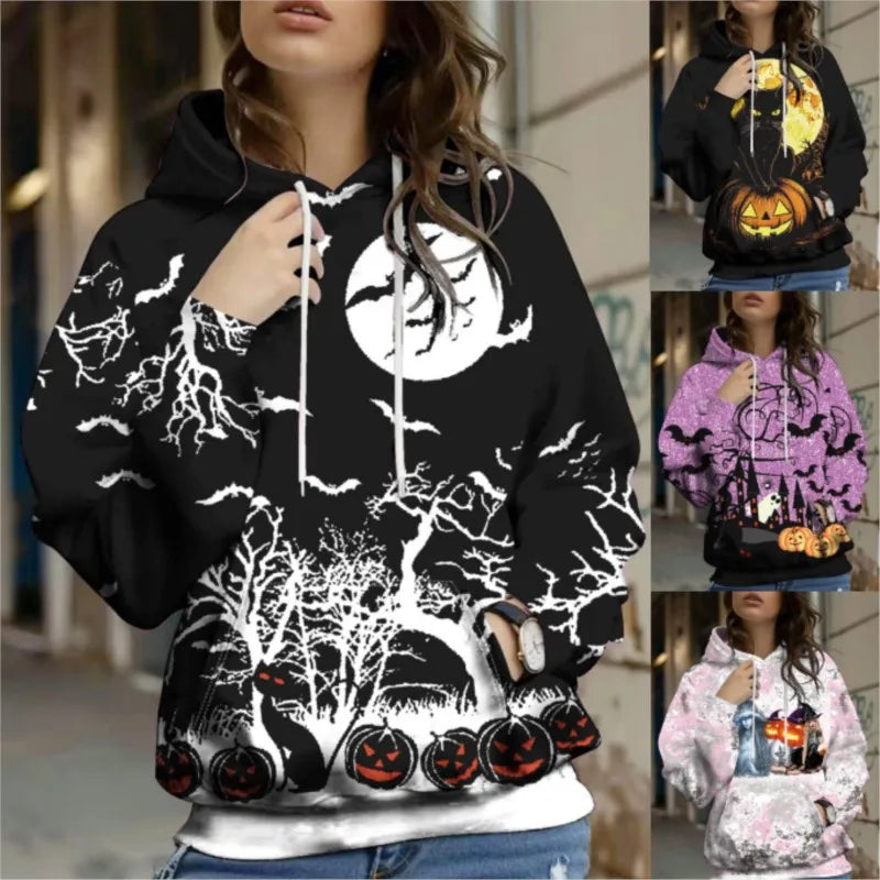 Loose Women’s Sweatshirt Hoodie | Halloween Retro Casual Pullover with Pocket | Long Sleeve Commuter Style