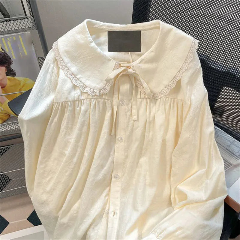 Japanese Style Peter Pan Collar Lace Blouse | Sweet Long Sleeve Loose Button Shirt for Women