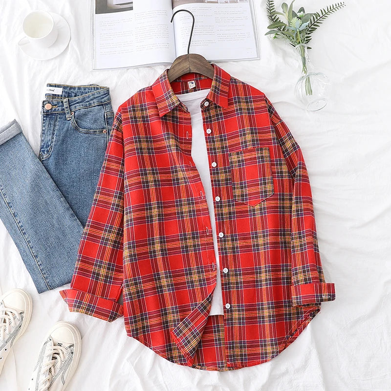 Fresh Flannel Plaid Shirt for Women | 2025 Loose Cotton Long Sleeve Casual Blouse & Top