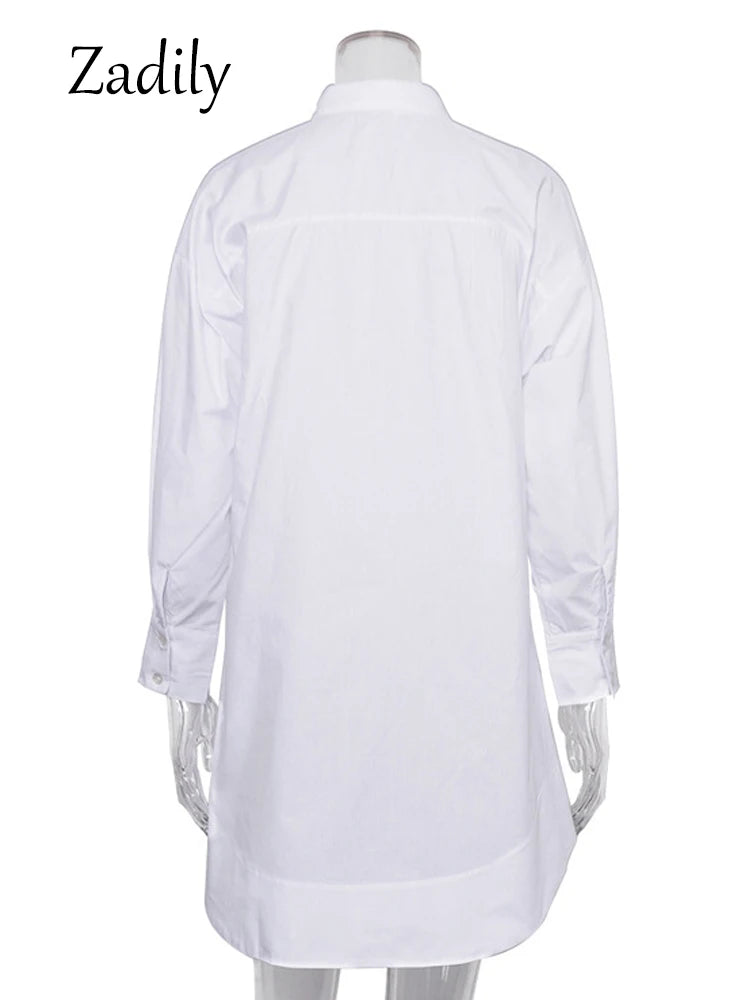 Zadily Autumn 2025 Women’s Oversized White Long Shirt – Minimalist Patchwork Button-Up Work Blouse