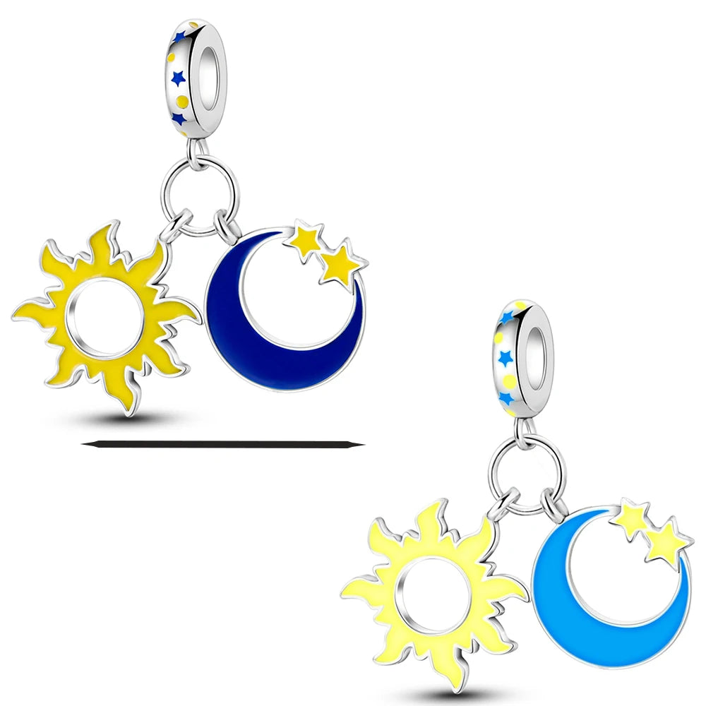Silver Plated Colorful Glowing Moon & Stars Rainbow Dangle Charms | Fit Original Bracelet & Necklace | Women’s Jewelry Beads