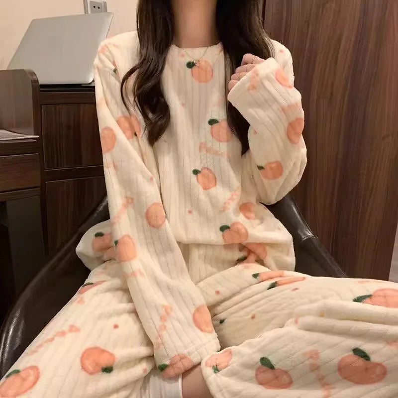 Adorable Sweet Coral Fleece Thiened Autumn Winter Loungewear Set – Women’s Casual Home Clothes | Long Pants Comfortable Leisurewear