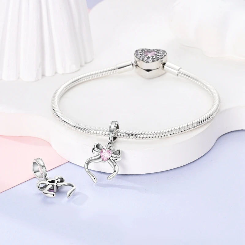 925 Sterling Silver Golden Charms Bow Cross Earth Passport Dangle | Fits Original Bracelet DIY Jewelry Gift for Women