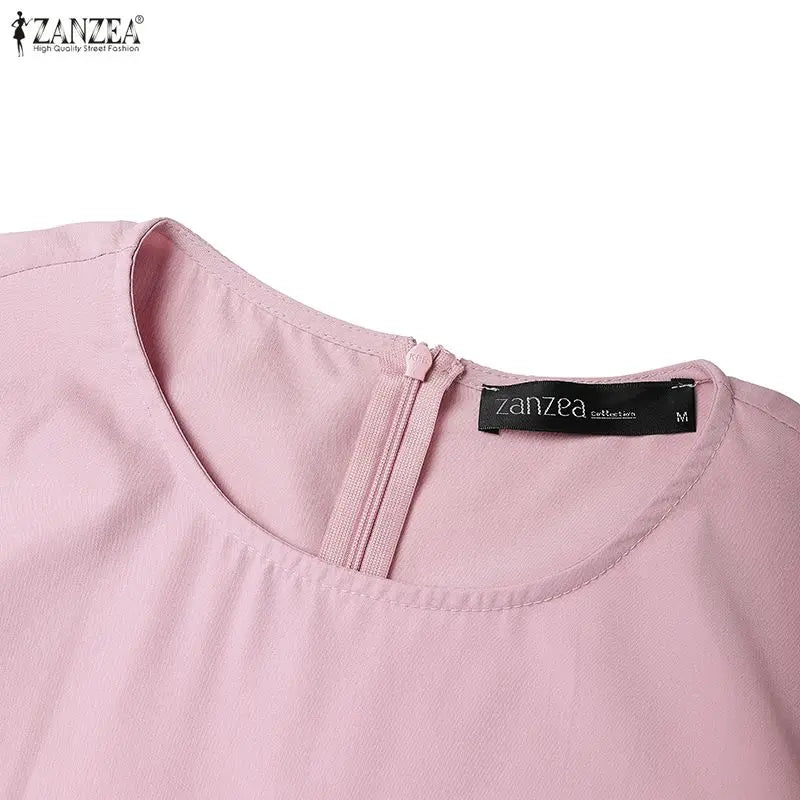 Women Pleated Dress 👗 Elegant O-Neck Short Sleeve Fitted Waist A-Line Knee-Length Dress 🌸 ZANZEA Fashion