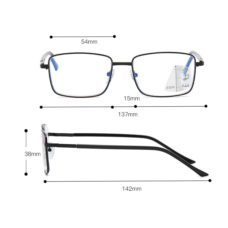 Ultralight Progressive Multifocal Glasses – Square Frame Non-Slip Presbyopic Reading Glasses for Men & Women +4.0