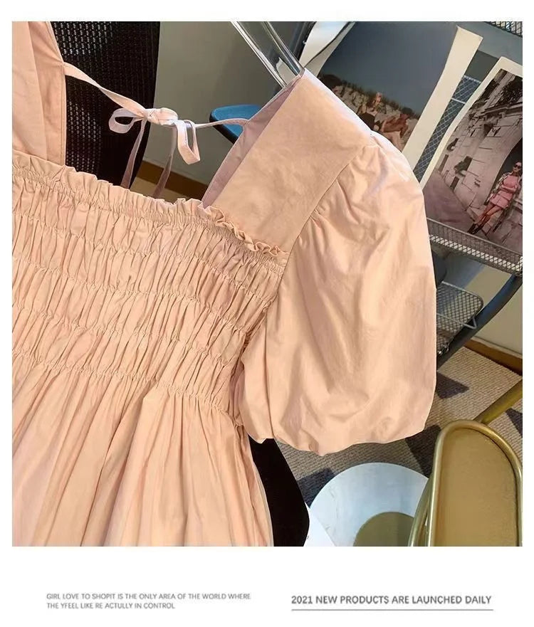 ☀️ Summer 2025 New Square Collar Pleated Short Sleeve Doll Shirt 👚 Women’s Small Size Bubble Sleeve Chiffon Blouse Top 🌸