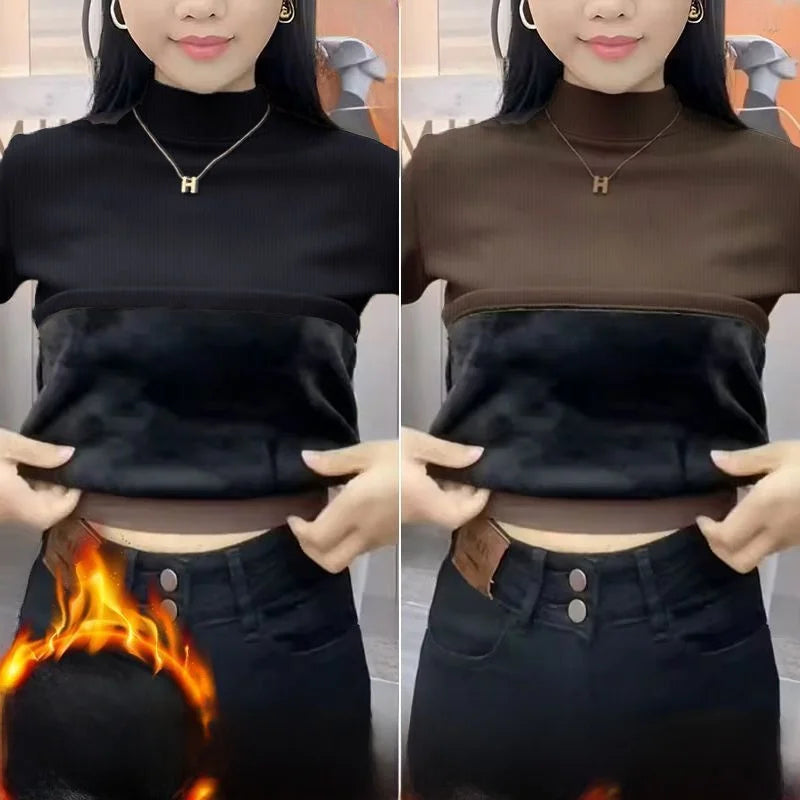 ❄️ Thiened Fleece Warm Long Sleeve Innerwear 👚 Slim Fit Mid-Neck Women's Base T-Shirt 🌸 Autumn Winter Two-Piece Set