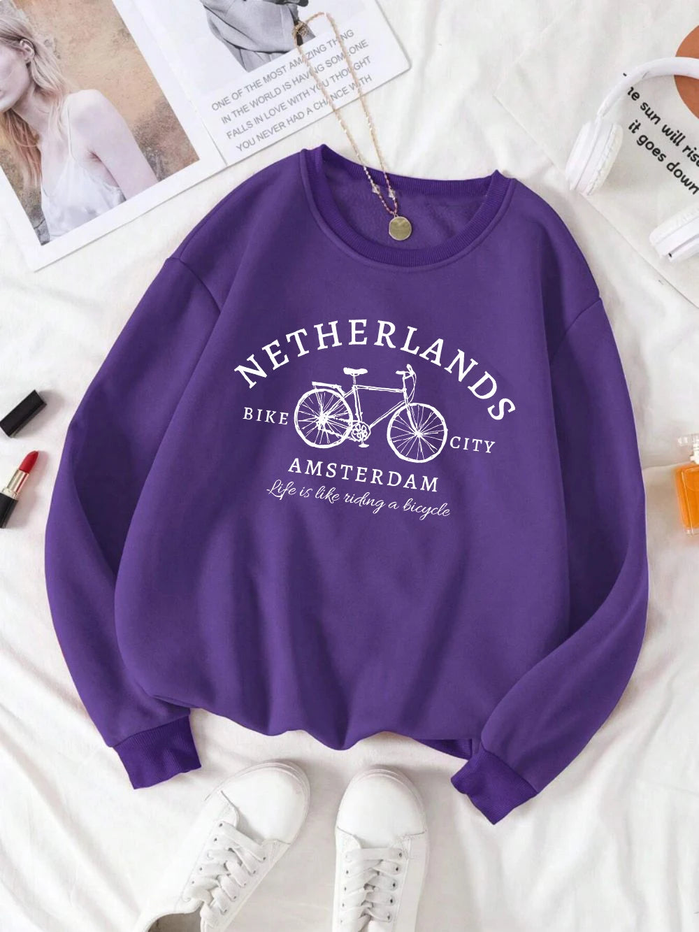 Netherlands Amsterdam Bike Design Pullover | Women’s Fleece Sweatshirt | Autumn Loose Crewneck Casual Top