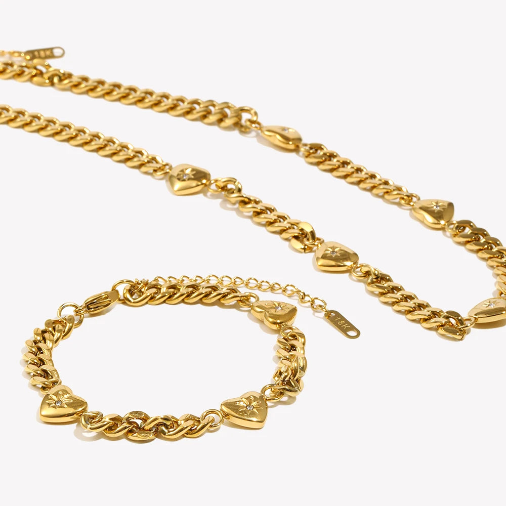 18K Gold Plated Stainless Steel Ocean Heart Cuban Chain Bracelet for Women – Zircon Paved Bangle