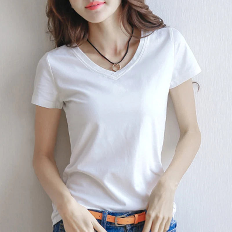 Spring Summer Women V-Neck T-Shirt – Slim Fit Short Sleeve Casual Solid Black & White Ladies Tee Tops